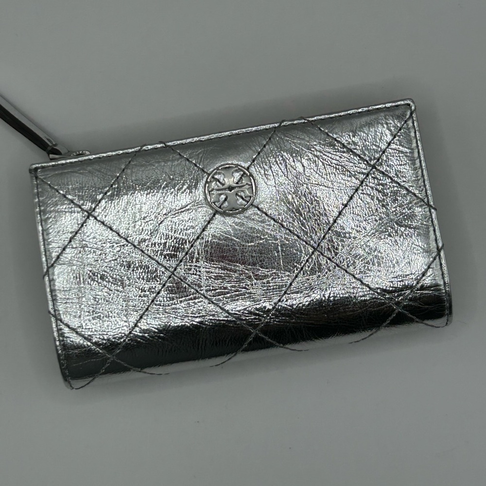 Tory Burch Kira Metallic Silver Compact Wallet